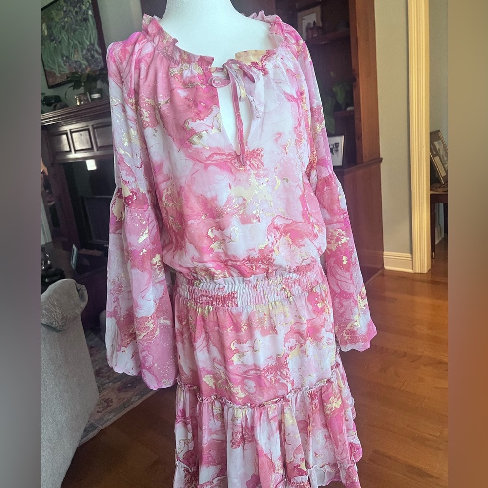 Buddy Love Dress Small | Pink Marble Print Balloon Puff Sleeves Babydoll Flirty